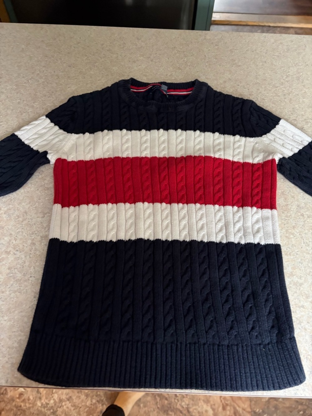 Tommy Hilfiger Navy, White & Red Striped Cable Crewneck